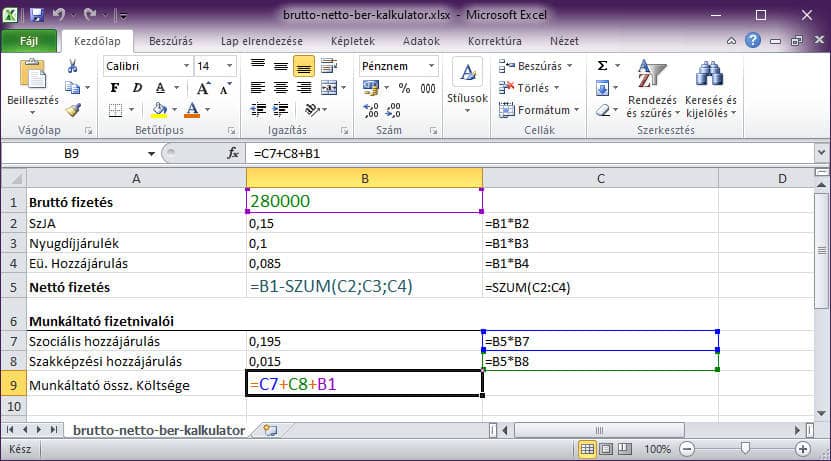 Bruttó nettó bérkalkulátor képletei Excel táblázatban